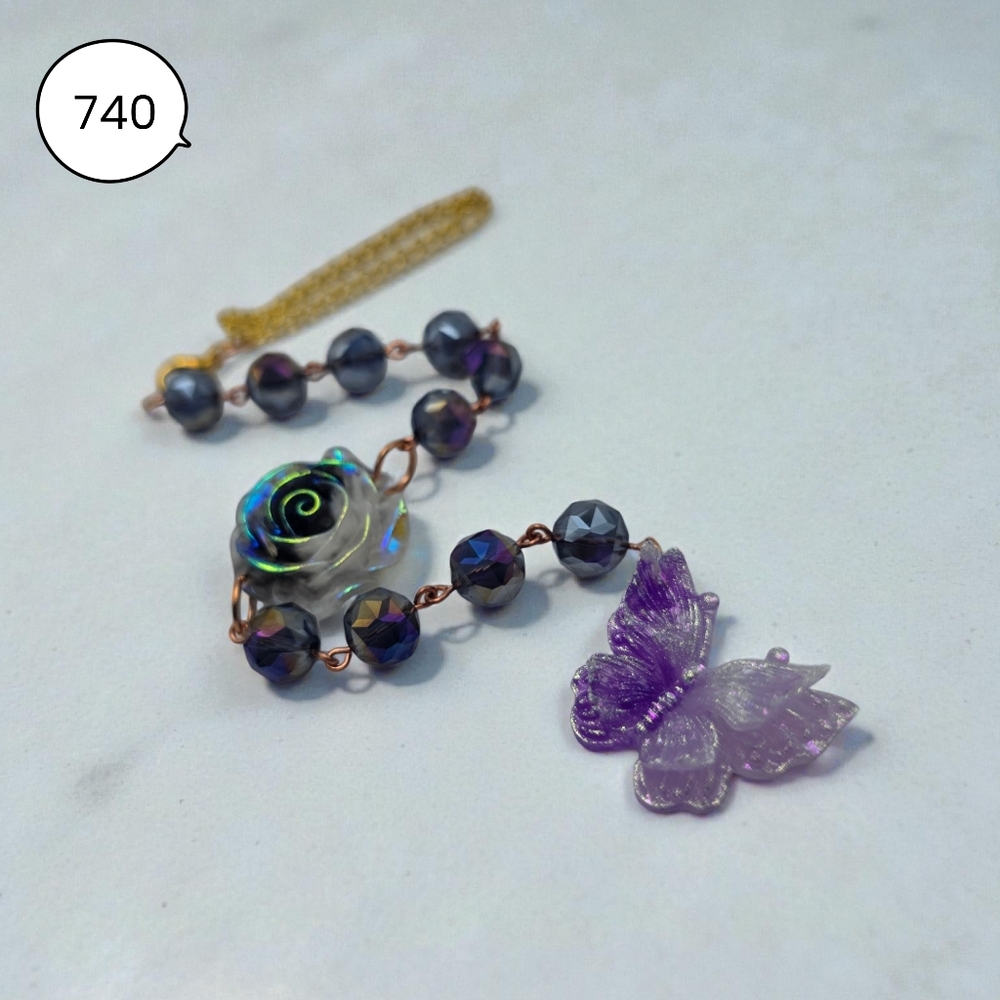 Iridescent Rose Car Charm with Purple Butterfly & Faceted Midnight Beads